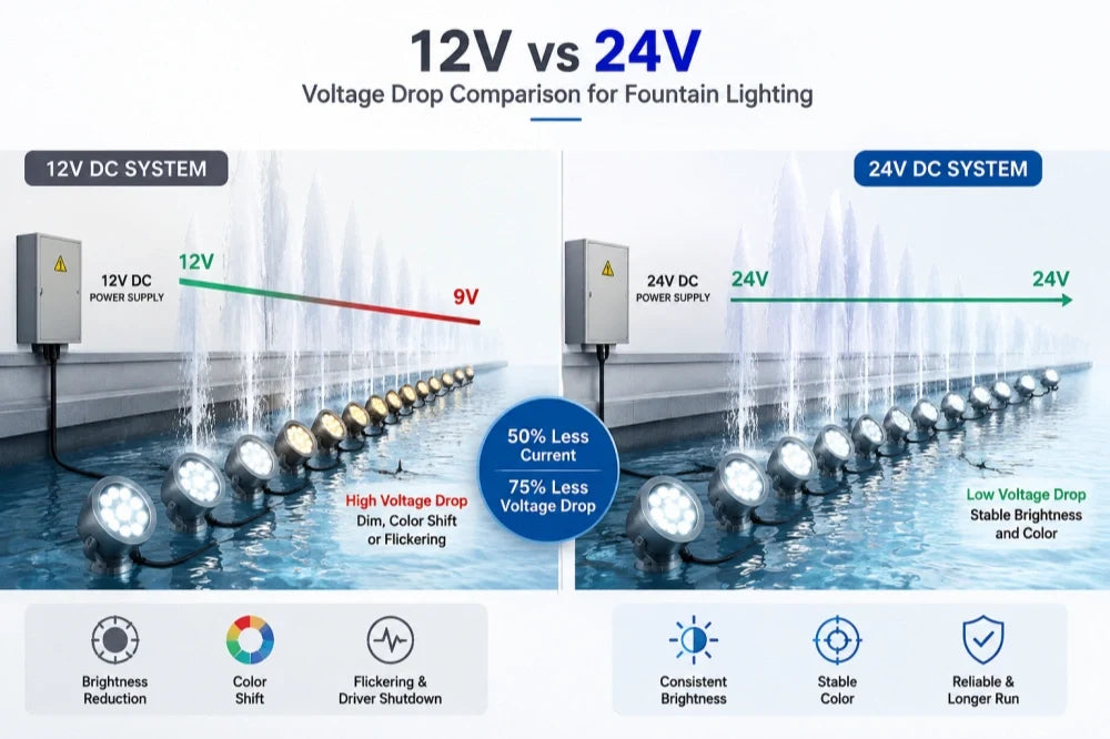 How to Eliminate Voltage Drop in Long-Run Single-Color Fountain Lighting Systems