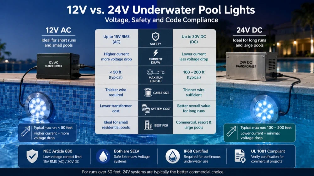 12V vs. 24V Underwater Pool Lights: Voltage, Safety and Code Compliance