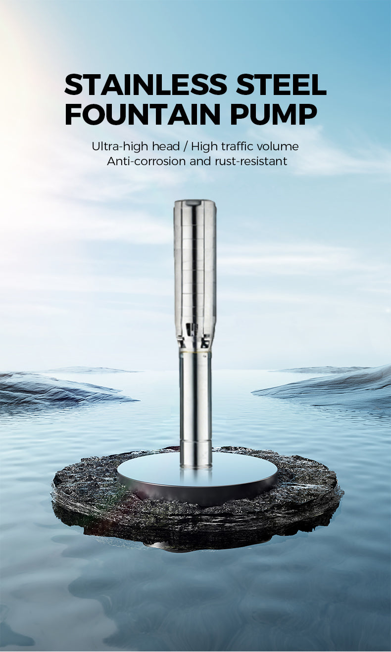 Stainless steel fountain pump in water with text highlighting features