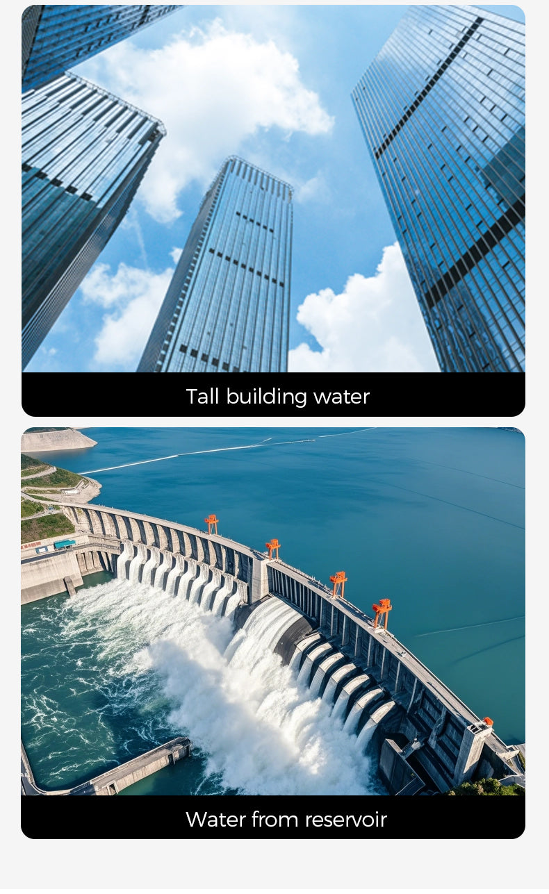 Two images: one of tall buildings with water, the other of a dam with water flowing.
