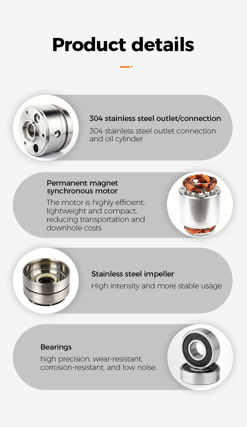 Product details of a pump with stainless steel components on a white background     