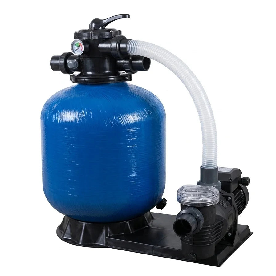 Pool cartridge filter housing opened with dirty filter cartridge removed for hosing down