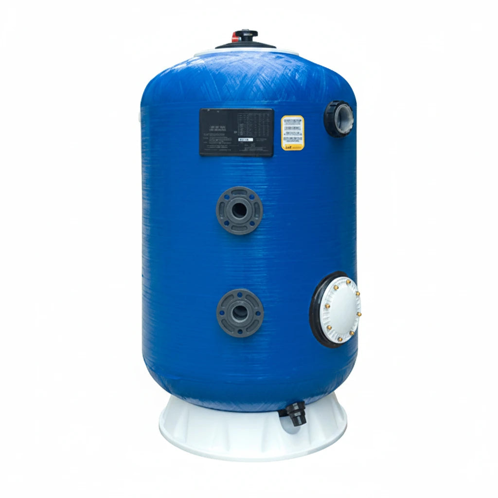 Multiport filter valve handle turned to waste position for vacuuming pool to waste
