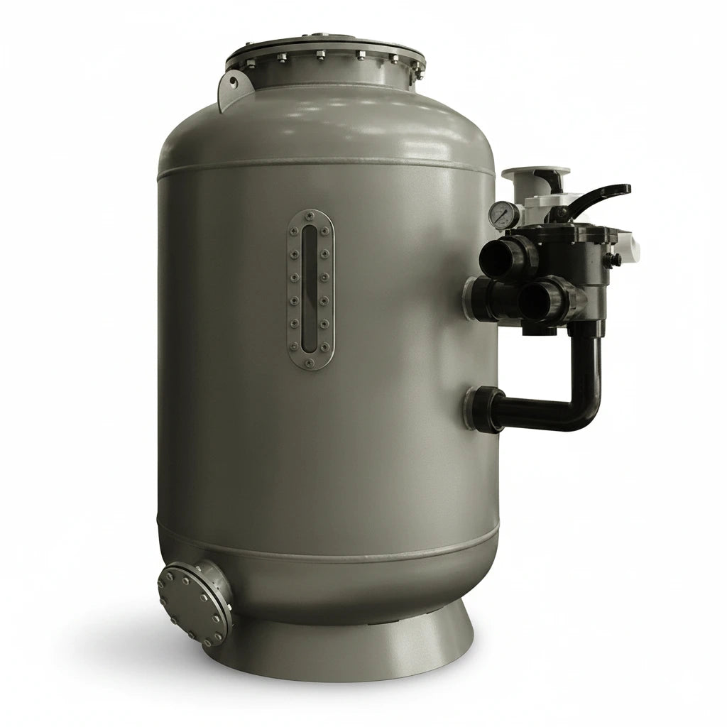 High-rate sand filter unit rated for large commercial pool water flow requirements