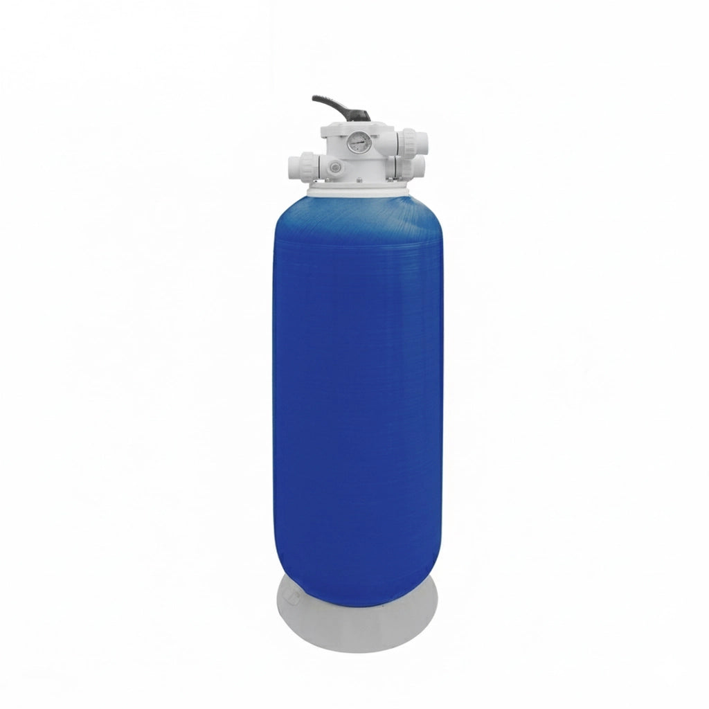 Side by side of new white pool filter cartridge versus clogged old cartridge
