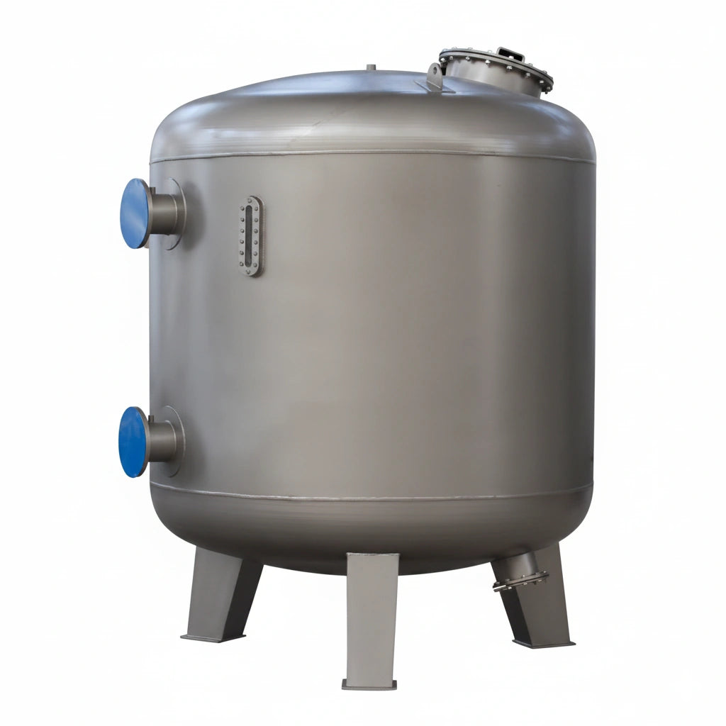 Pool filter tank with flow direction arrows showing proper inlet and outlet orientation