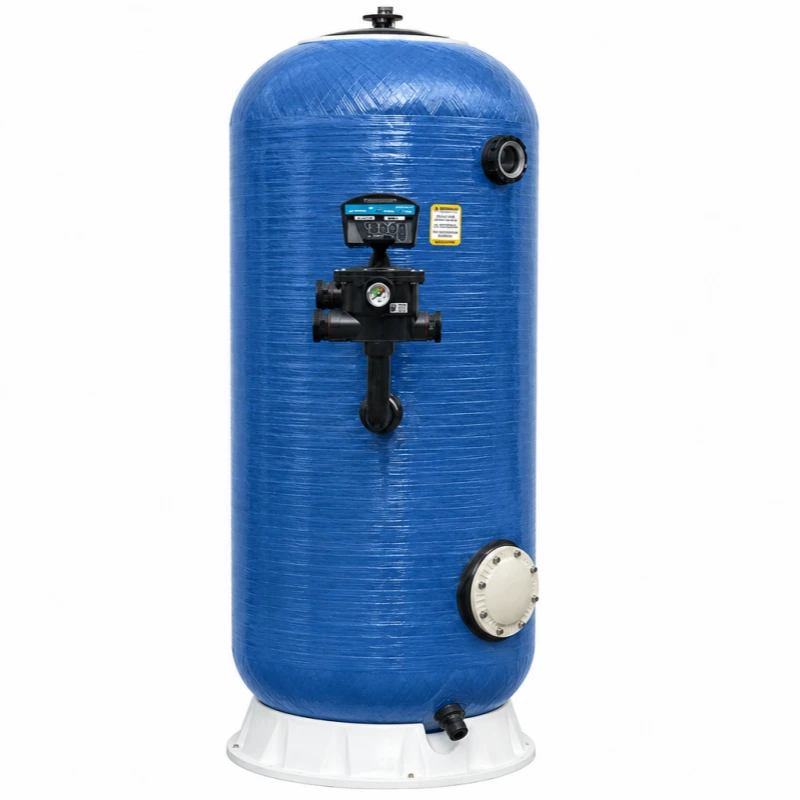 Technician measuring pool filter flow rate with inline flow meter on outlet pipe