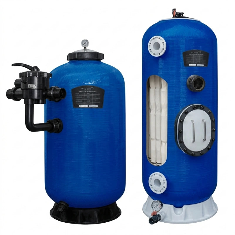 Transparent-lid pool filter housing showing cartridge element inside