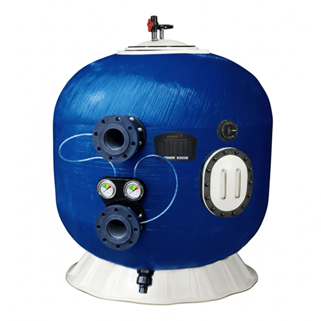 Pool sand filter tank showing clear sight glass for monitoring backwash clarity