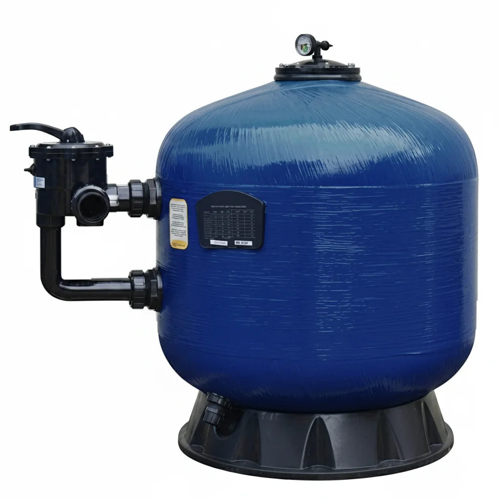 Pool sand filter in backwash mode with waste water draining through backwash hose