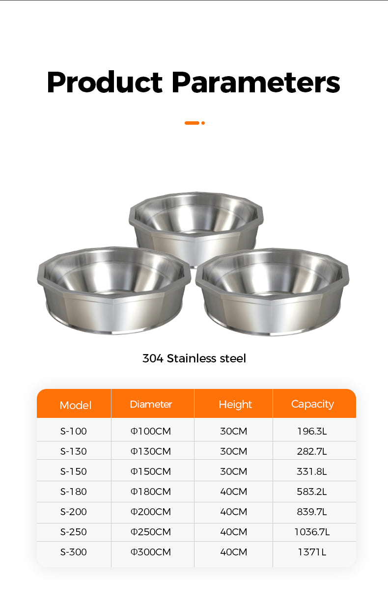 Three stainless steel bowls with product parameters