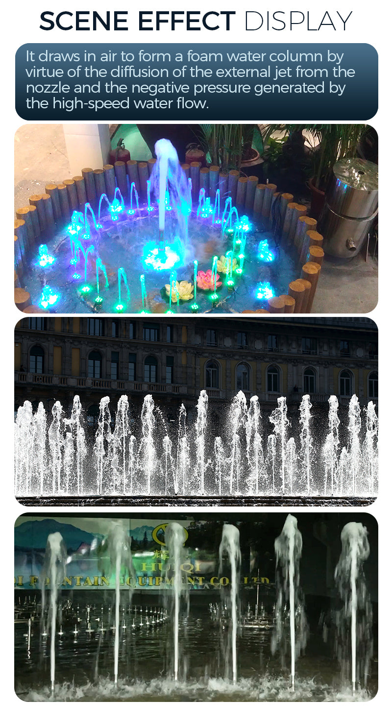 Fountain with water column effects and text explaining the physics behind it.
