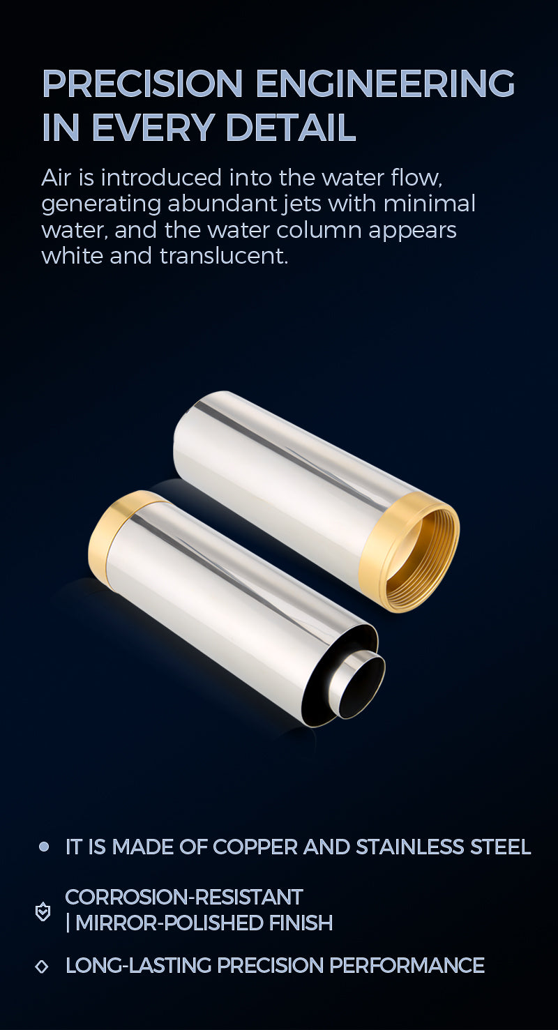 Two cylindrical metal components with gold accents on a dark background, featuring text about precision engineering and material properties.