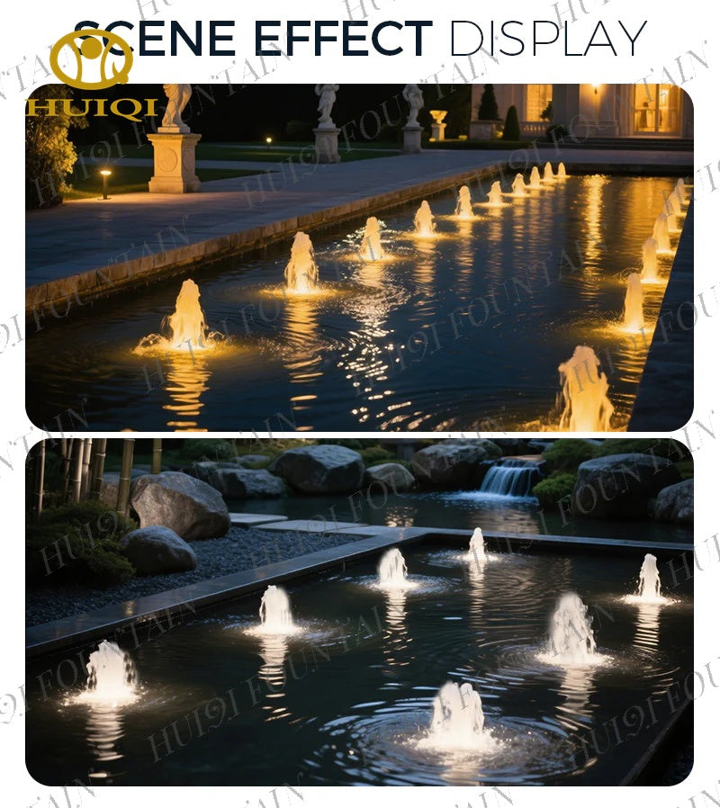 Two scenes of a bubble water fountain nozzle display with lights at night.