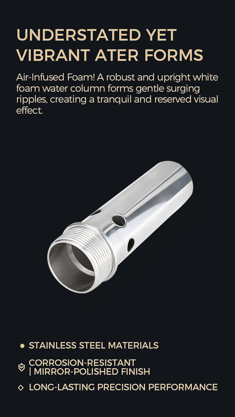 Stainless steel water column on a black background with product details.