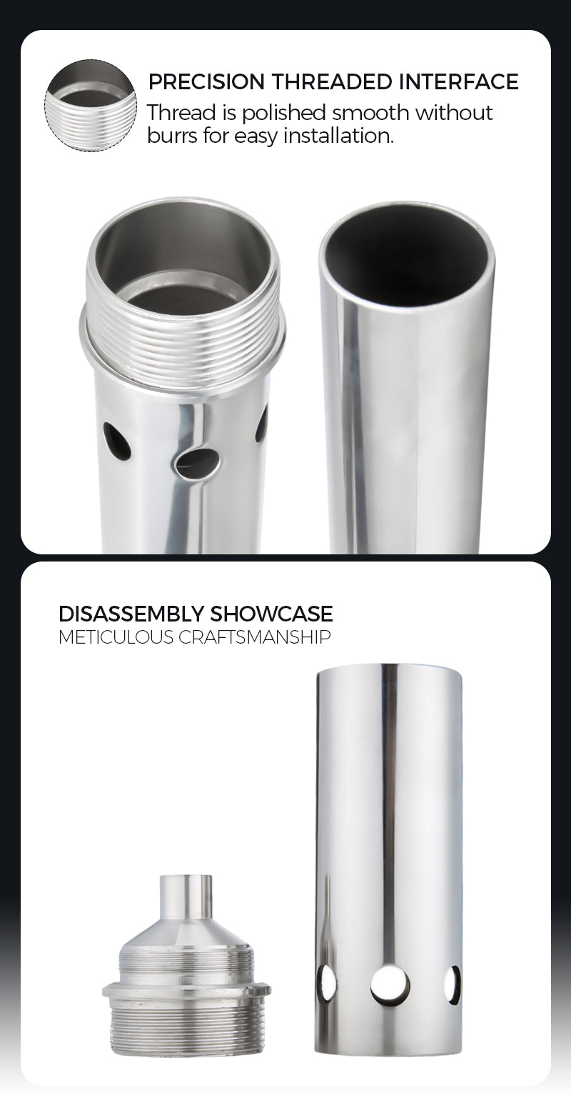 Metal components with threaded interface and disassembly showcase on a white background      