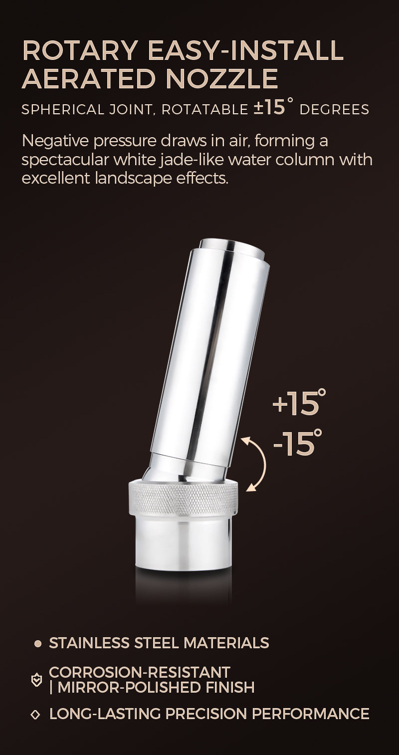 Rotary easy-install aerated nozzle with specifications on a black background     