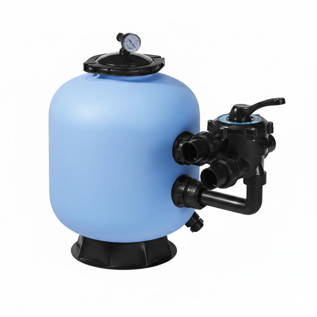 Multiple commercial pool filter tanks installed in parallel at public aquatic facility