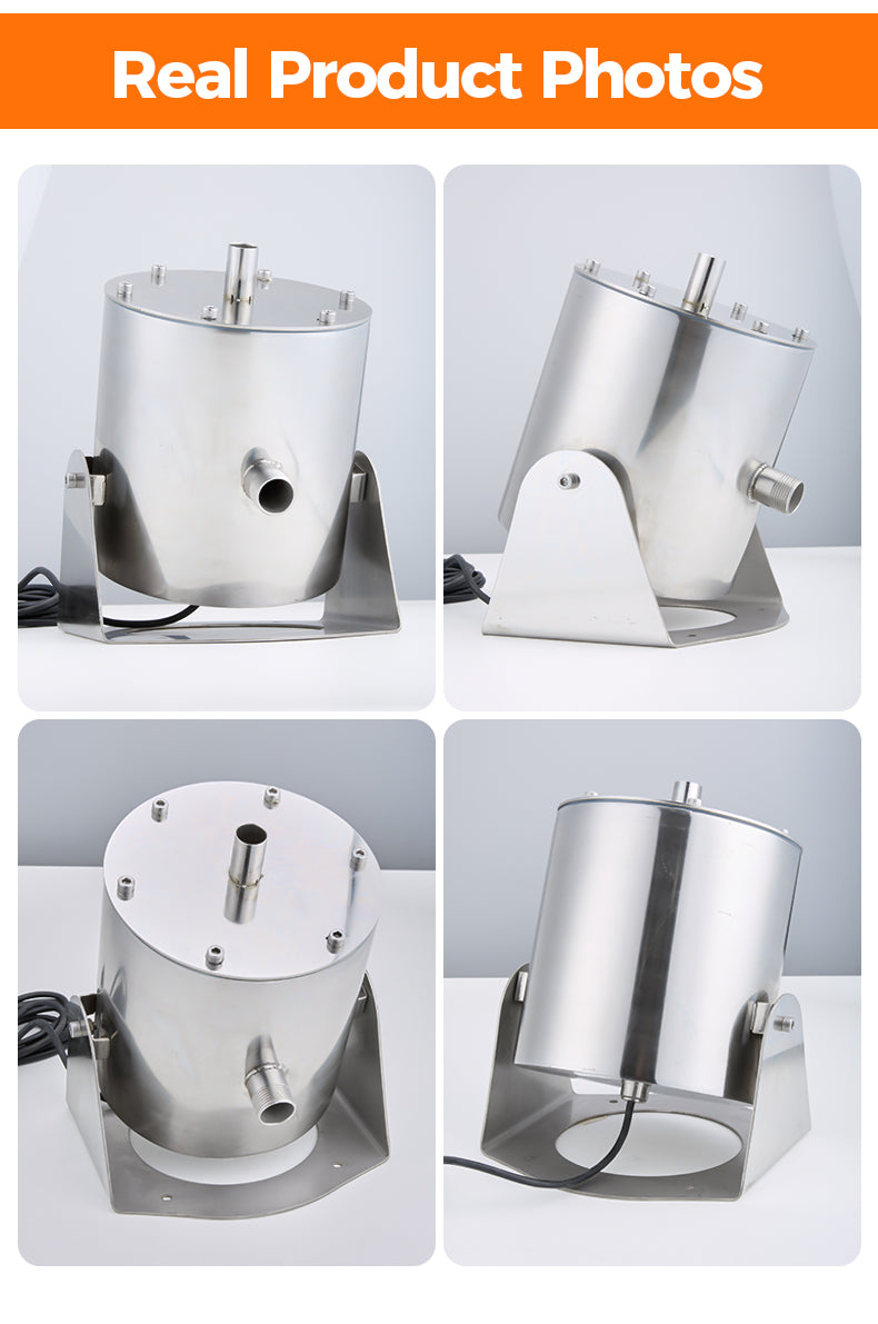 Four views of a metallic mechanical component on a white background