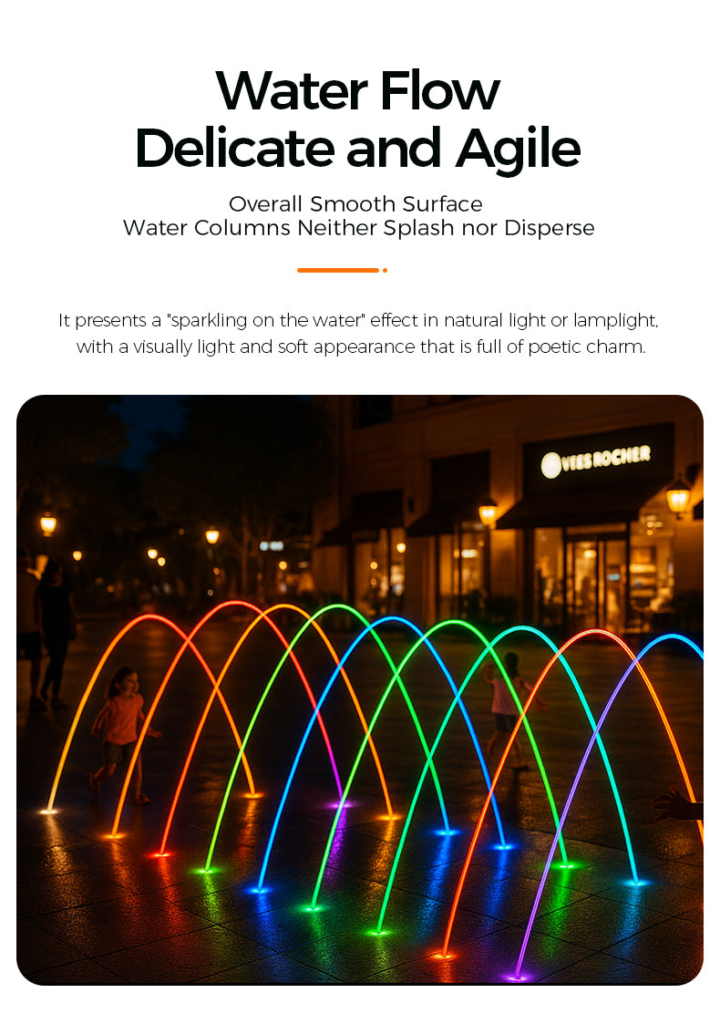 Colorful water flow installation in an urban setting with text describing its features.