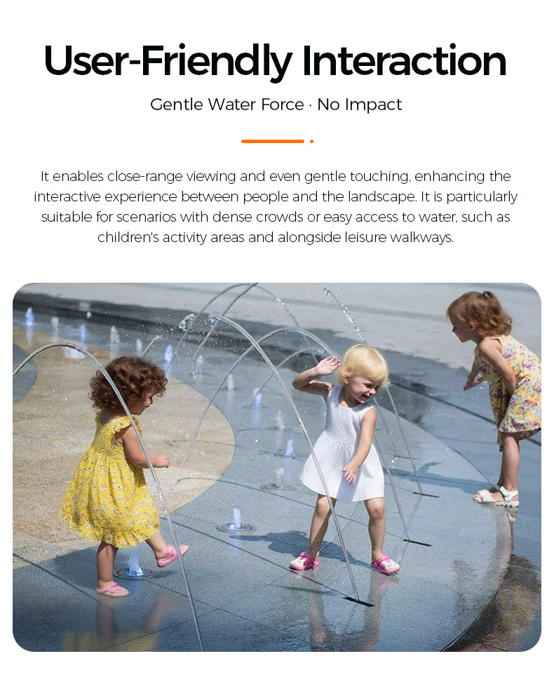 Children playing with water feature, text about user-friendly interaction and no impact.