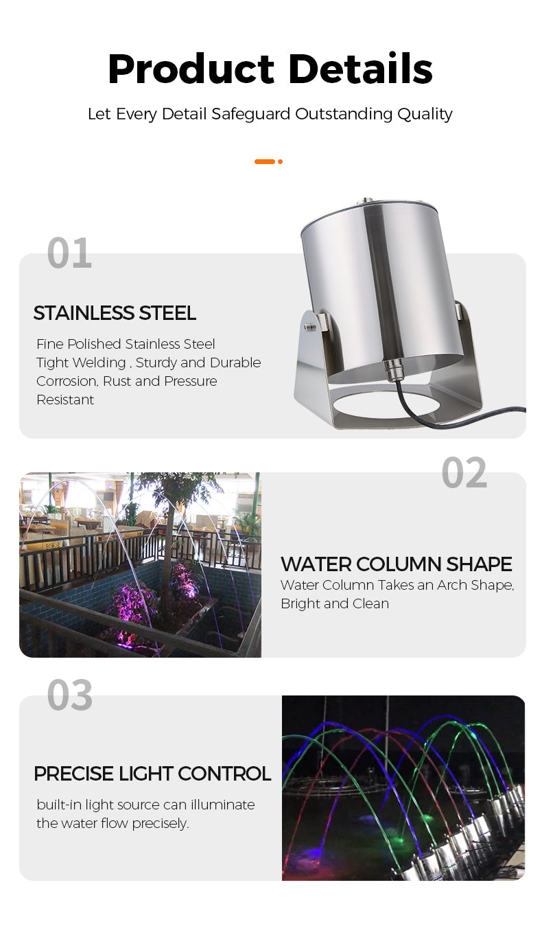 Product details of a stainless steel light fixture with water column shape and precise light control.