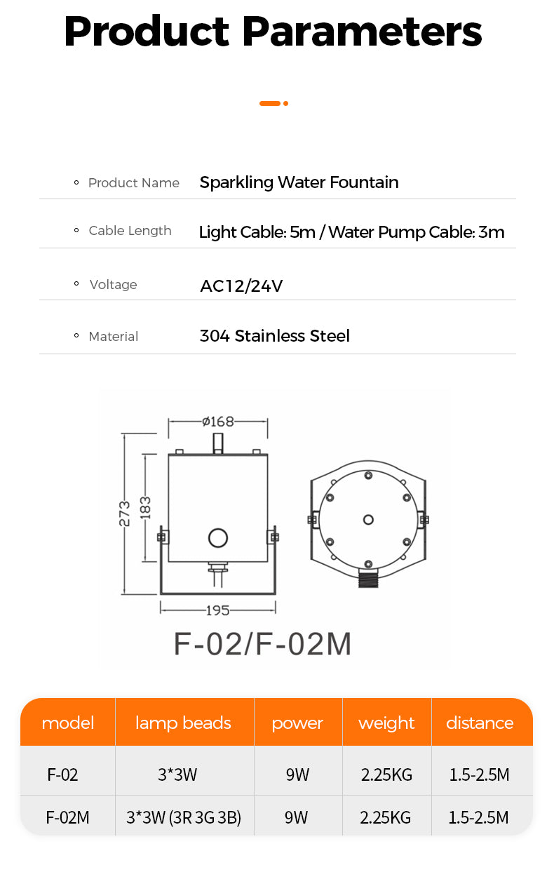 Product parameters of a sparkling water fountain with technical details on a white background.
