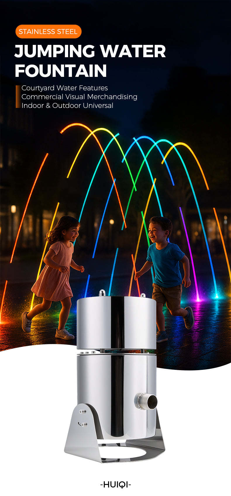 Stainless steel jumping water fountain with colorful lights, children playing around it, and 'HUIQI' branding.