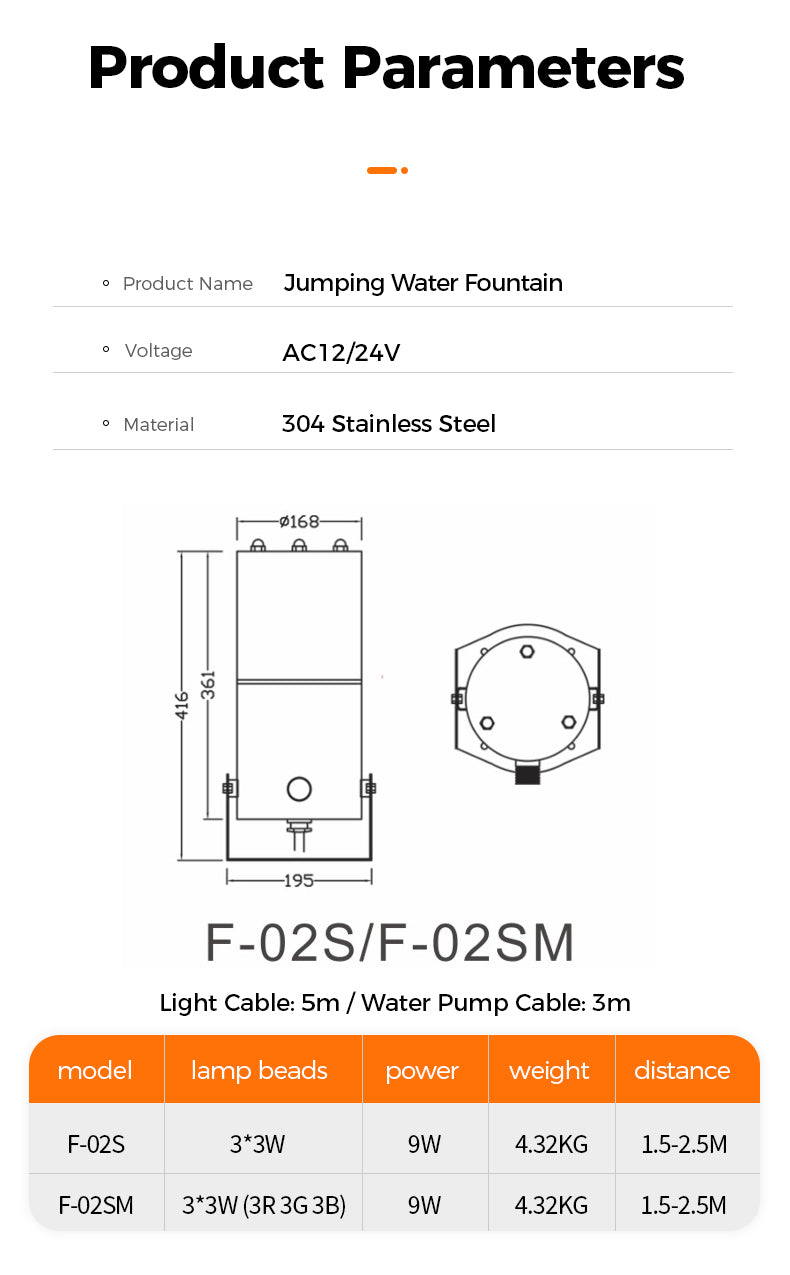 Product parameters of a jumping water fountain with specifications on voltage, material, dimensions, and features.