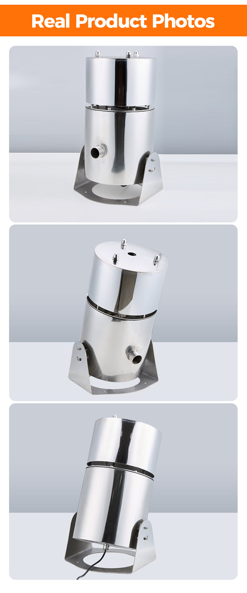 Three views of a metallic cylindrical object on a gray background