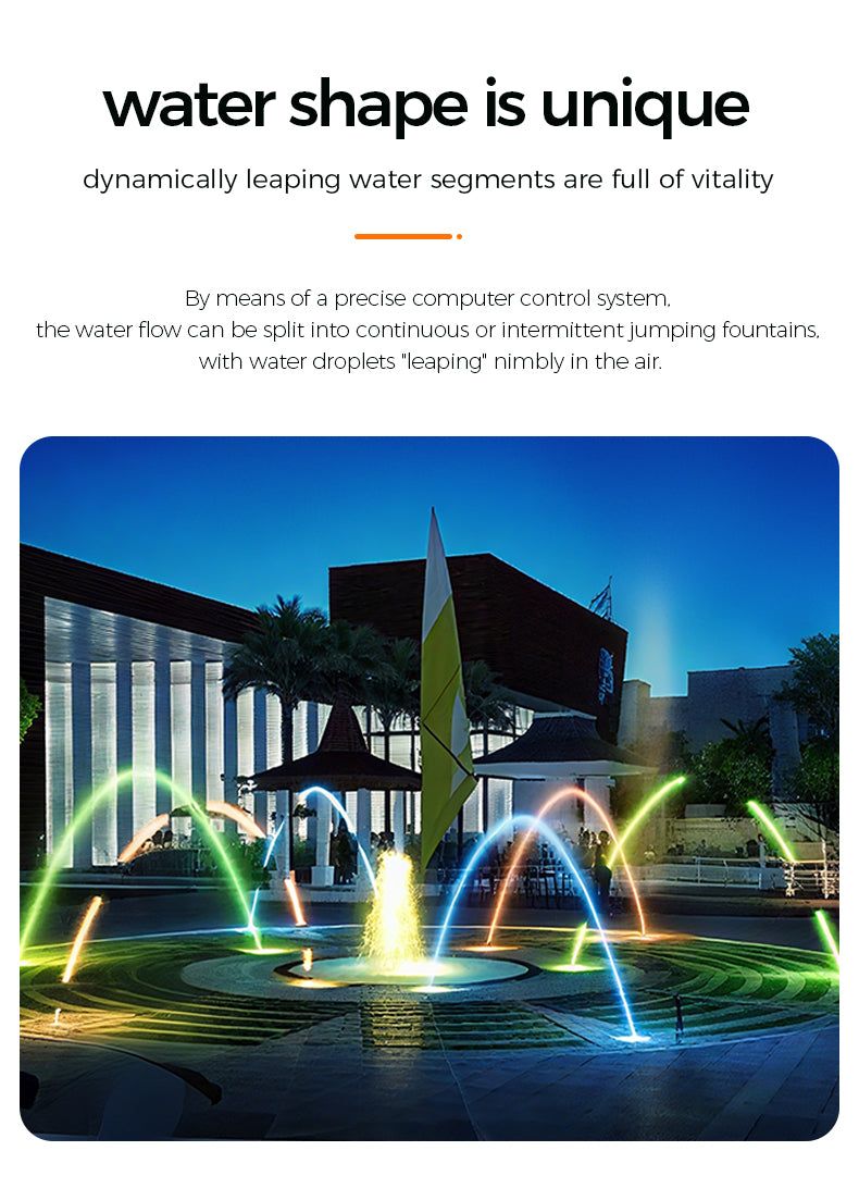 Dynamically leaping water segments in a fountain with text about computer control system.