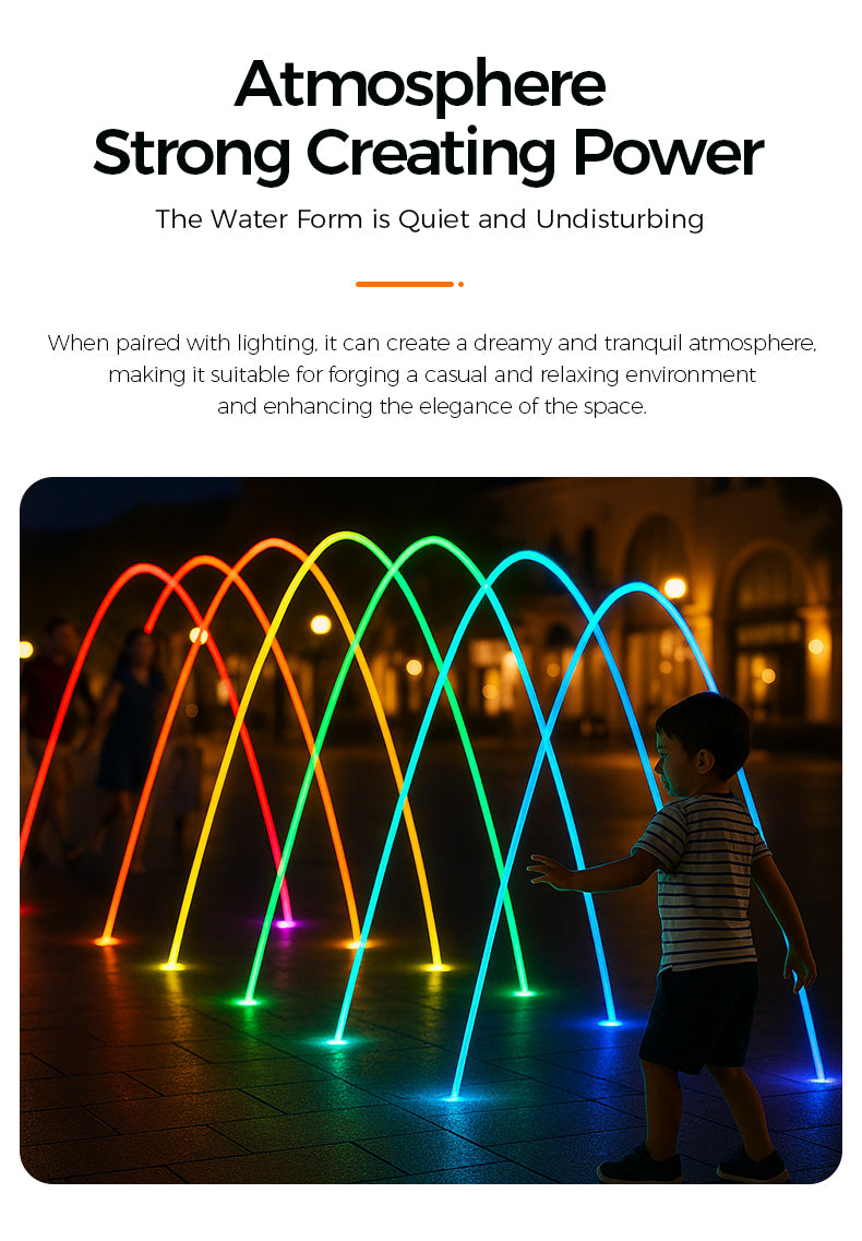 Colorful water fountain with a child interacting with it at night, set against a dark background.