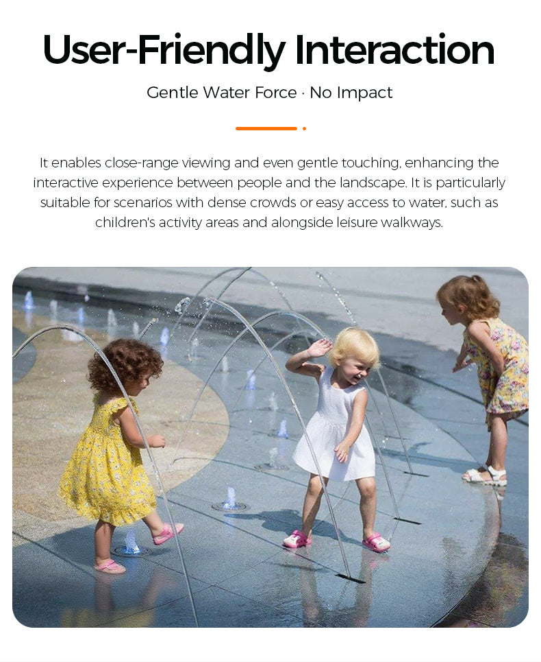 Children playing with water feature, text about user-friendly interaction and gentle water force.