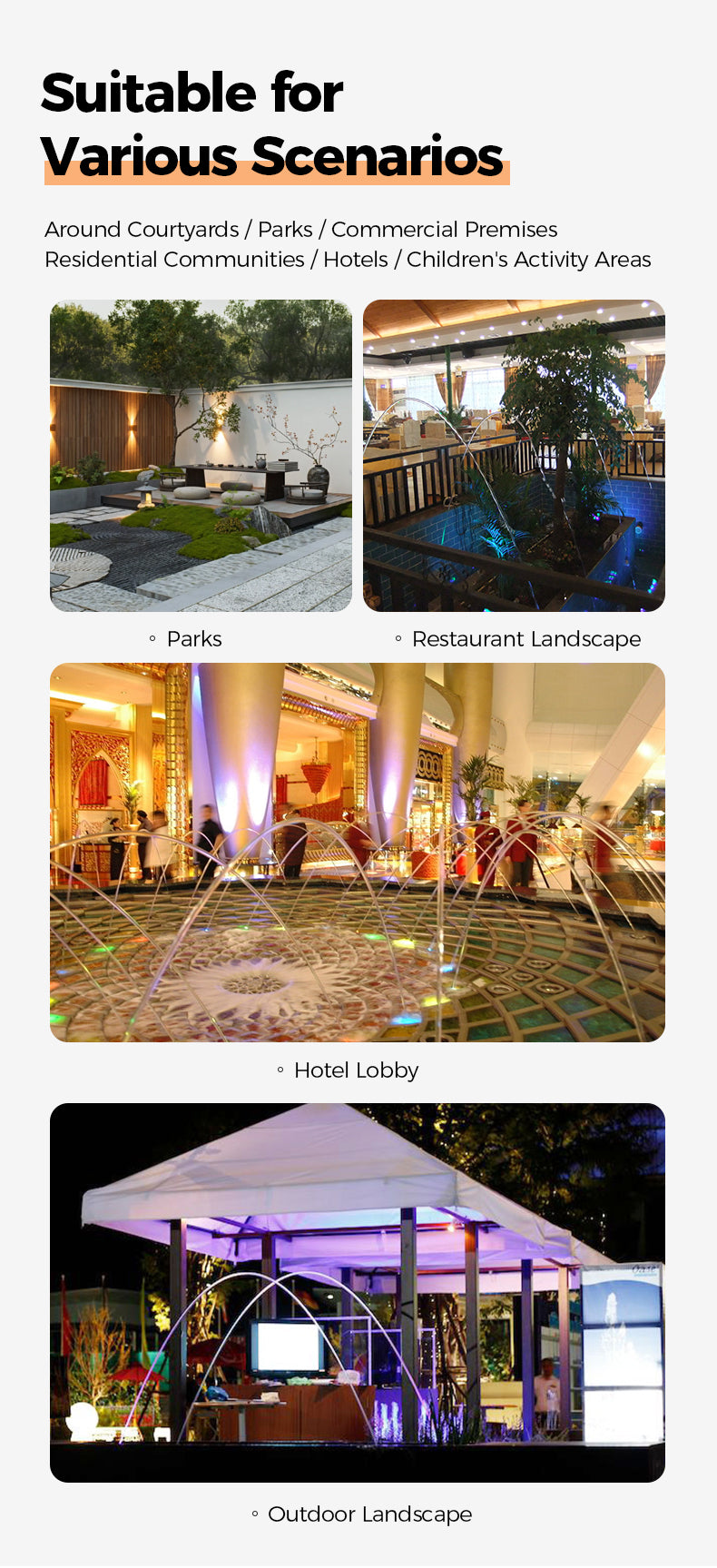 Promotional image for outdoor landscape solutions suitable for various scenarios including courtyards, parks, commercial premises, residential communities, hotels, and children's activity areas.