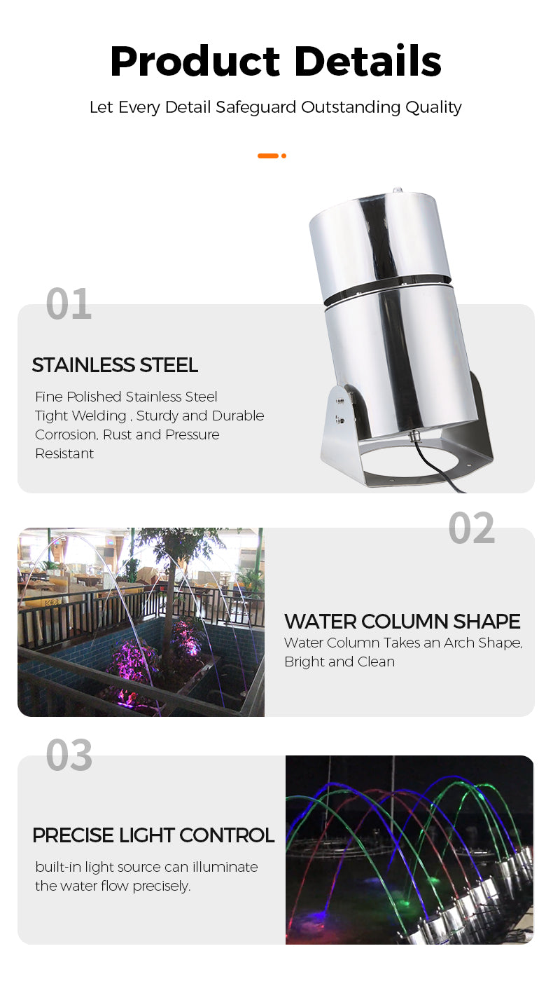 Product details of a stainless steel water feature with water column shape and light control.