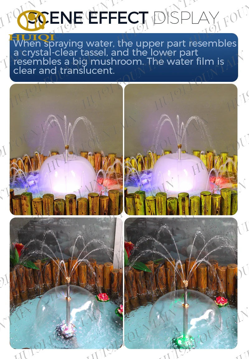Miniature fountain with water spray effects displayed in four different views.      