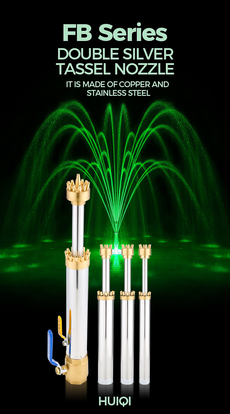 Double silver tassel nozzle with green water spray on a black background, featuring the HUIQI brand.      