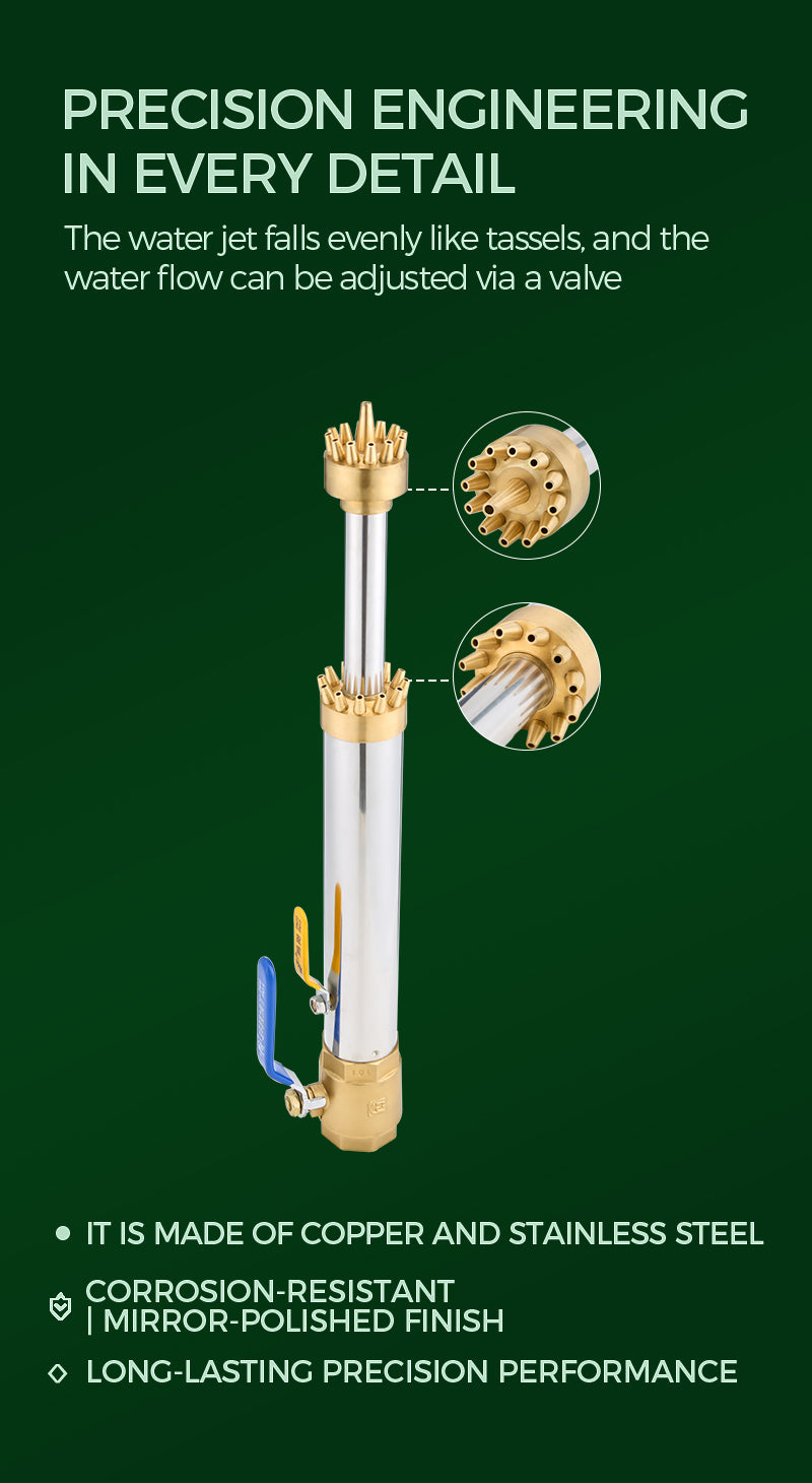 Copper and stainless steel water jet with detailed design on a green background