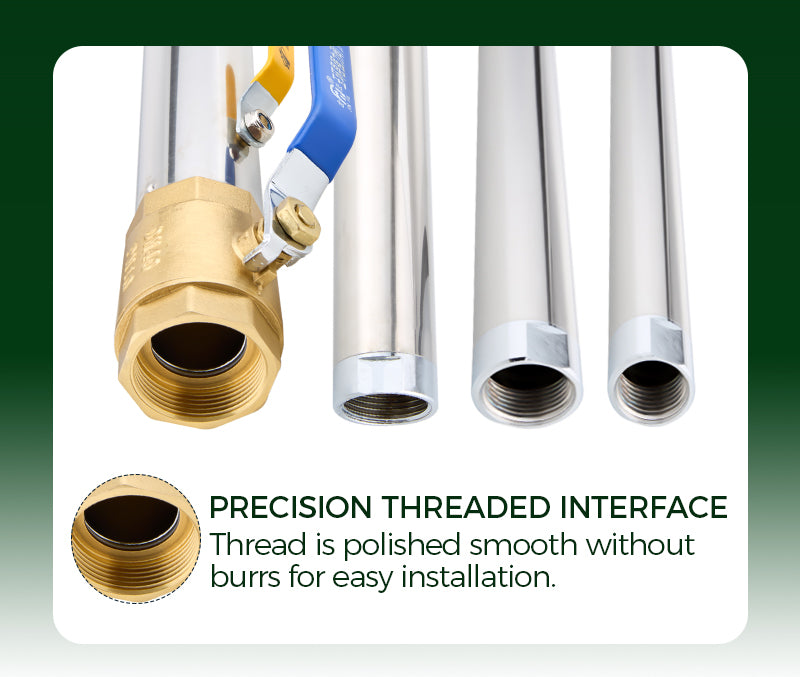 Pipes with a gold valve and text about precision threaded interface on a gradient background