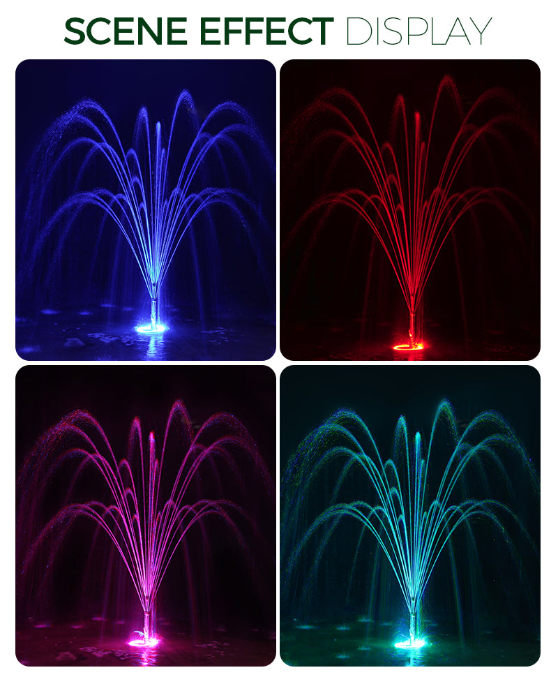 Four panels showing a fountain with blue, red, pink, and green lights.     