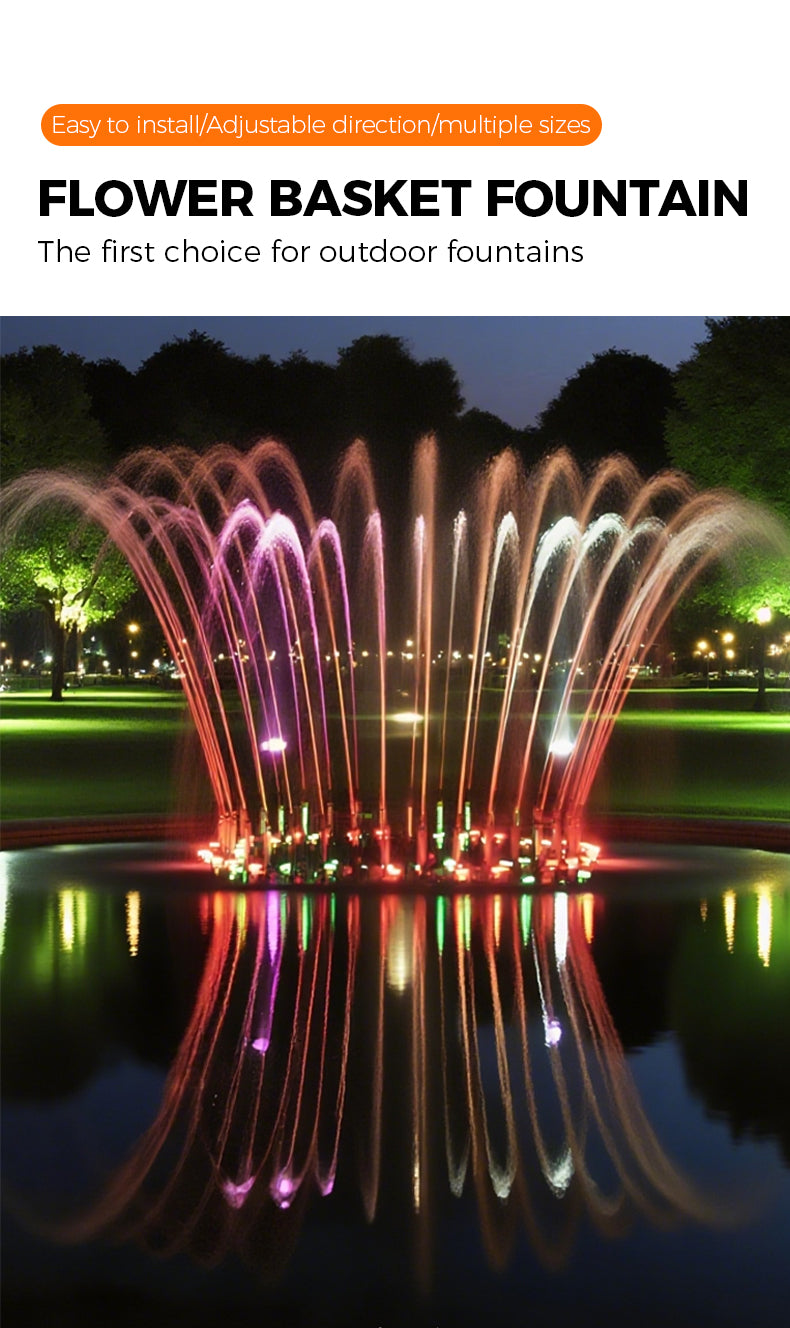 Colorful flower basket fountain in a park with text about its features.