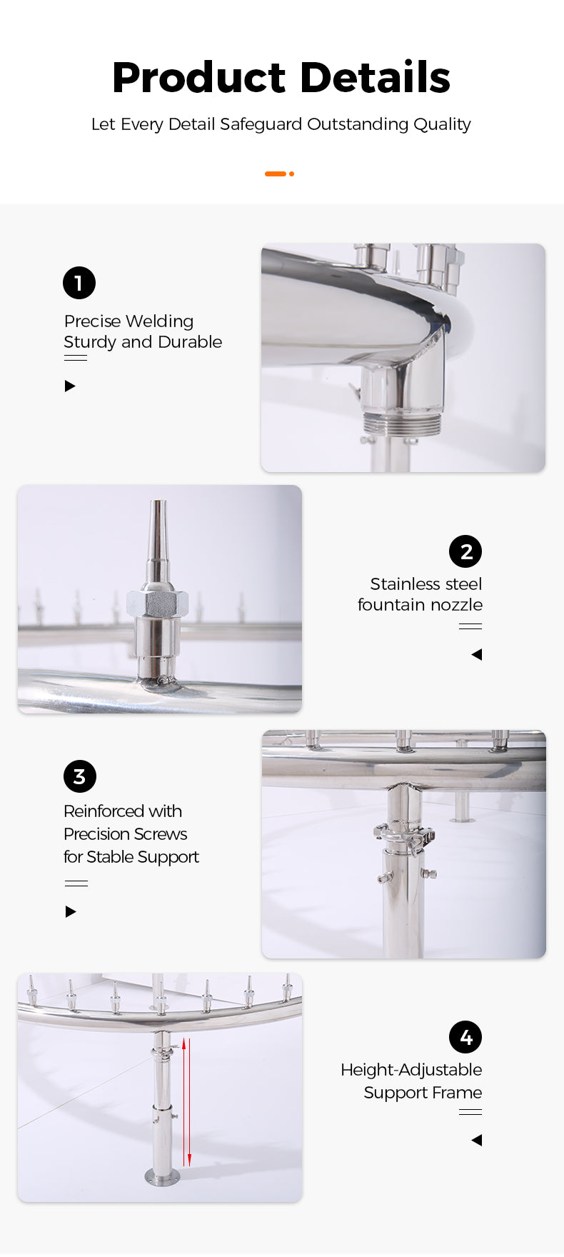 Product details of a stainless steel fountain with features highlighted.