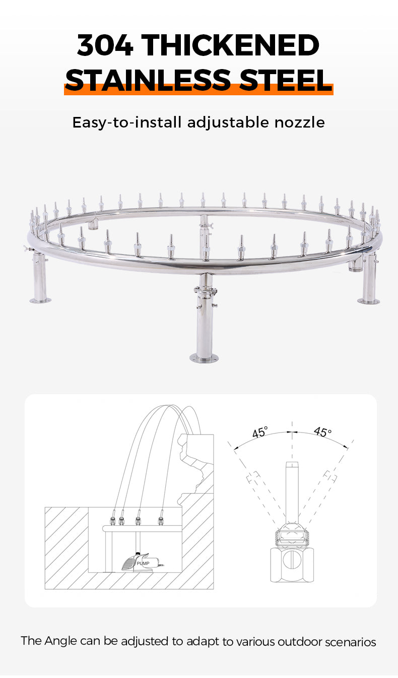 Adjustable sprinkler system with 304 thickened stainless steel and installation diagram on a white background.