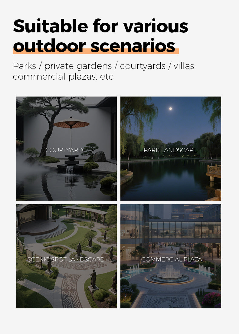 Collage of outdoor landscapes including a courtyard, park, scenic spot, and commercial plaza with text indicating suitability for various outdoor scenarios.