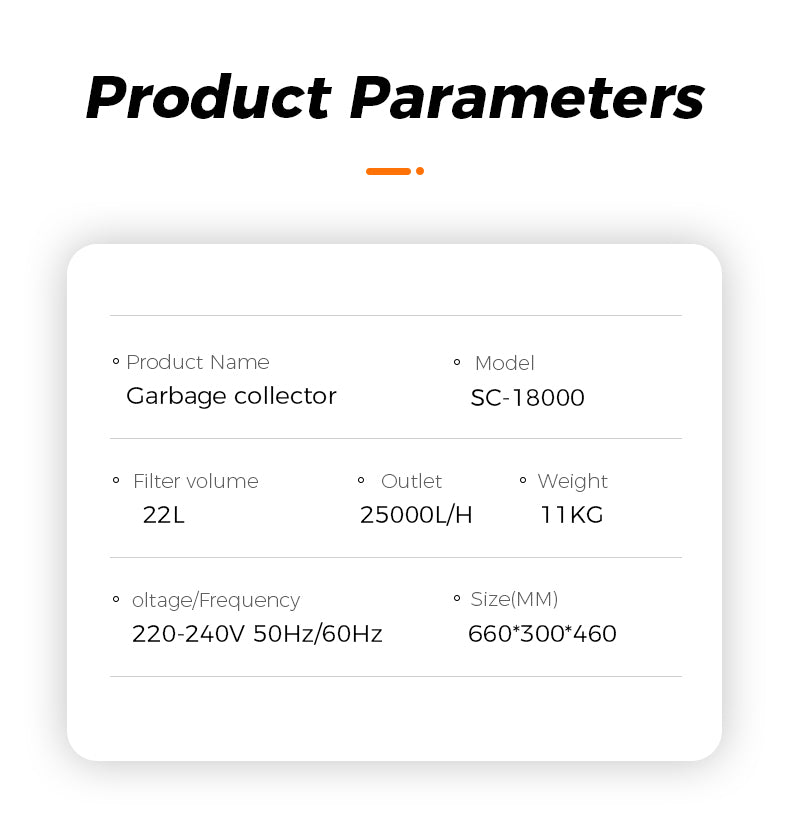 Product parameters of a garbage collector with model SC-18000     