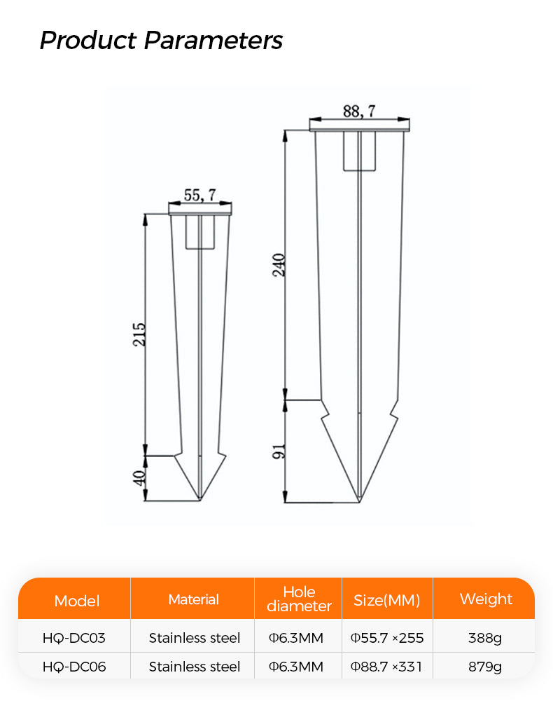 Technical drawing of a metal stake with dimensions and product parameters