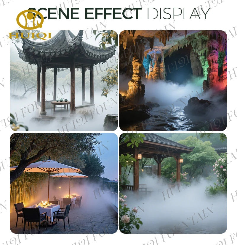 Four landscape images with mist effects include a traditional pavilion, a colorful interior, an outdoor dining area, and a garden view.