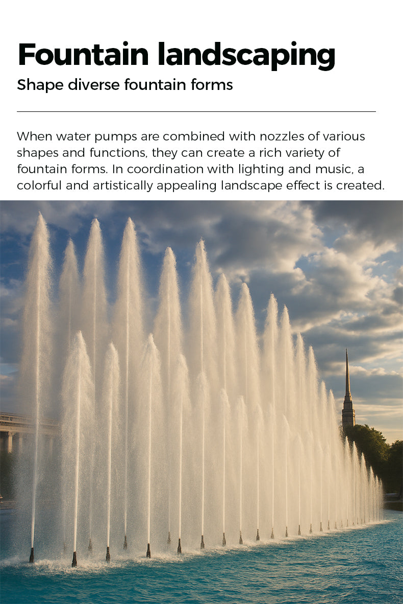 Fountain landscaping with diverse water forms against a cloudy sky.
