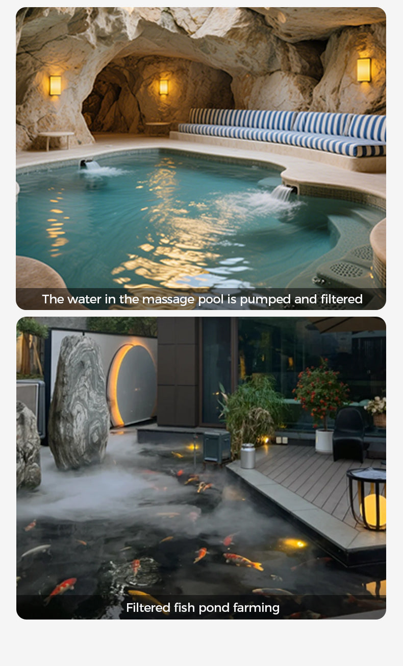 Indoor massage pool with striped benches and outdoor fish pond with koi fish.