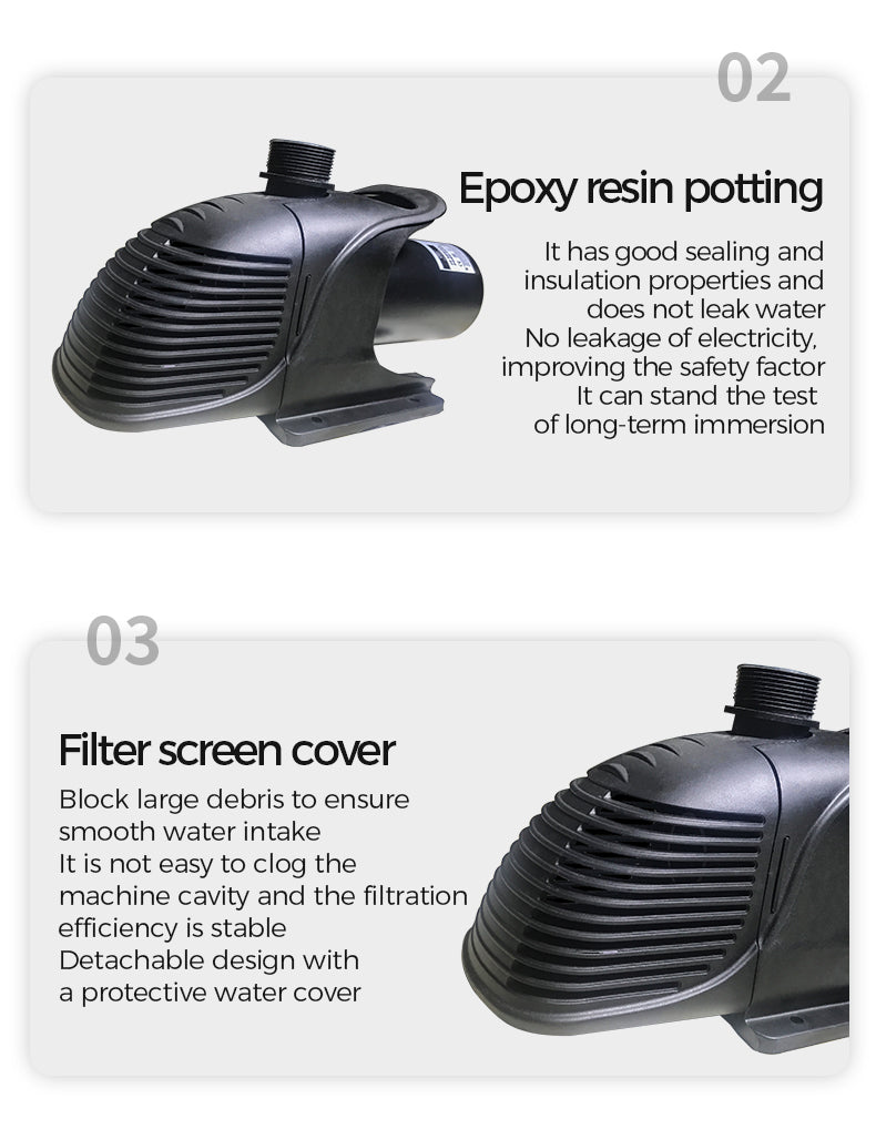 Pump with epoxy resin potting and filter screen cover features on a white background